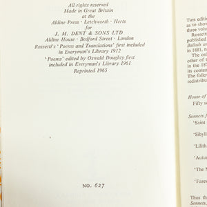 Dante Gabriel Rossetti's Poems Poetry Vintage Everymans Library Dent No 627 Book
