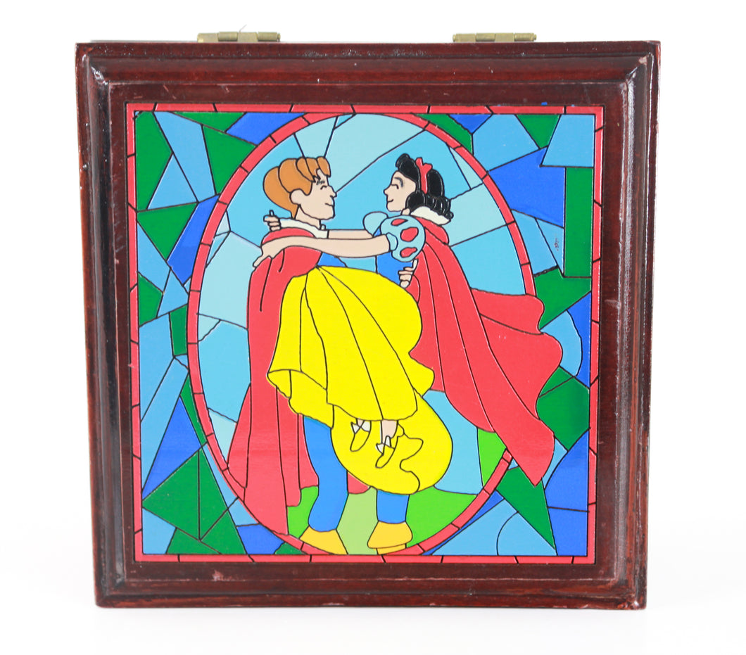 Disney Snow White and Prince Stained Glass Cherry Wood Wooden Jewelry Box RARE