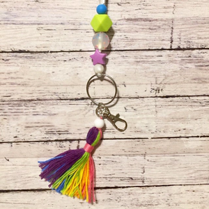 Beaded Bright Rainbow Colored Handmade Lanyard with Tassel Badge ID Card Holder