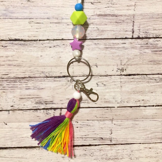 Beaded Bright Rainbow Colored Handmade Lanyard with Tassel Badge ID Card Holder